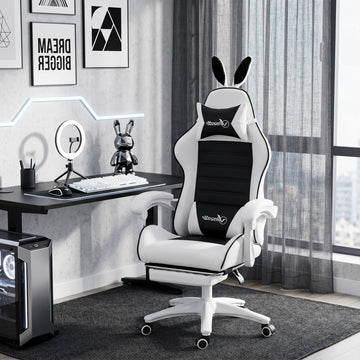 Cute Racing Gamer Chair, PU Leather Gaming Chair with Footrest, Headrest and Lumbar Support, Black