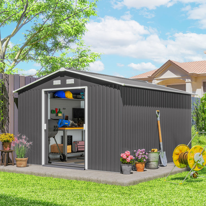 11' x 9' Metal Storage Shed Garden Tool House with Double Sliding Doors, 4 Air Vents for Backyard, Patio, Lawn Dark, Light Grey