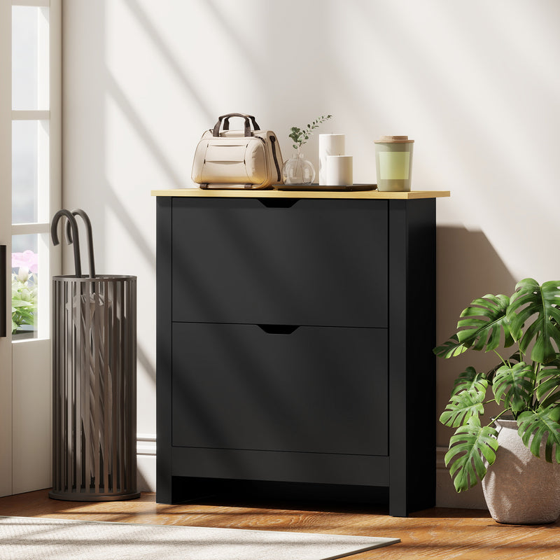 Shoe Storage Cabinet with 2 Flip Drawers and Adjustable Shelves for 8–12 Pairs of Shoes, Black