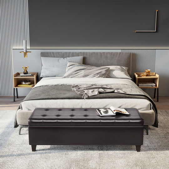 Banc ottoman de rangement, repose-pieds avec pieds en bois massif, coffre de rangement en cuir PU de 51 pouces pour salon, brun