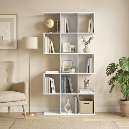 5-Tier Bookshelf, S Shaped Geometric Bookcase with 15 Compartments, White Wood Grain