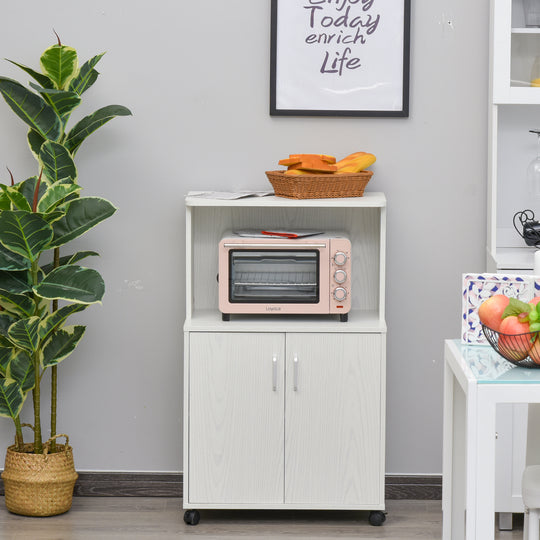 Chariot à micro-ondes sur roulettes, buffet de rangement utilitaire, bibliothèque avec armoire à 2 portes, chêne blanc