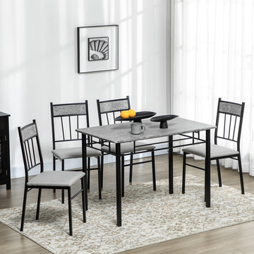 5 Pieces Diner Tables Dining Room Sets for 4 People with Marble Effect Tabletop Padded Chairs and Metal Frame Grey