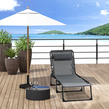 Outdoor Folding Chaise Lounge, Reclining Lounge Chair with Adjustable Backrest and Removable Pillow, Grey