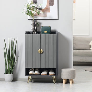 Entryway Shoe Storage Cabinet, Narrow Shoe Cabinet with Adjustable Shelves and Open Shelf for 15 Pairs of Shoes, Grey