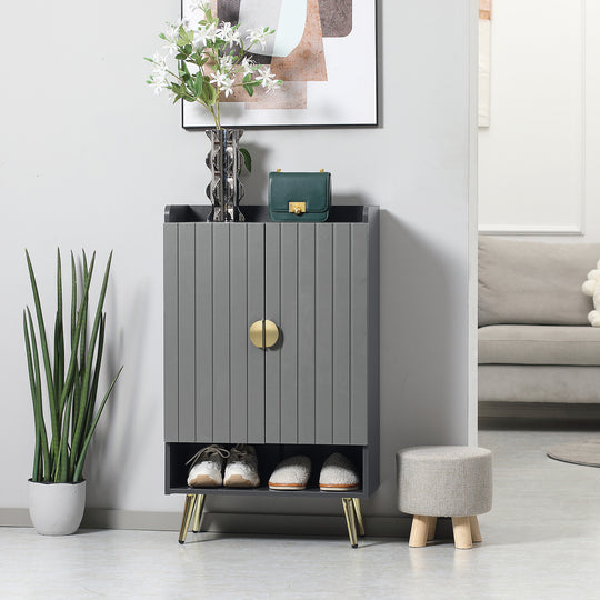 Entryway Shoe Storage Cabinet, Narrow Shoe Cabinet with Adjustable Shelves and Open Shelf for 15 Pairs of Shoes, Grey