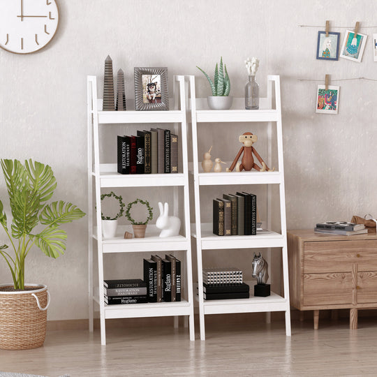 Set of 2, 4 Tier Ladder Shelf Bookcase, Multi-Use Display Rack, Storage Shelving Unit Display Stand, Flower Plant Stand, Home Office Furniture, White