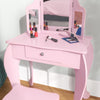 Qaba Kids Vanity Table and Stool, Makeup Vanity Girls Dressing Table Set with Tri-folding Mirrors Drawer Star and Heart Pattern, Pink
