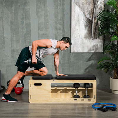 Soozier Wooden Workout Bench with Dumbbell Rack and Resistance Bands, Adjustable Incline Weight Bench for Home Gym