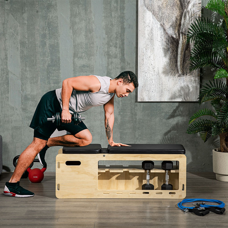 Soozier Wooden Workout Bench with Dumbbell Rack and Resistance Bands, Adjustable Incline Weight Bench for Home Gym