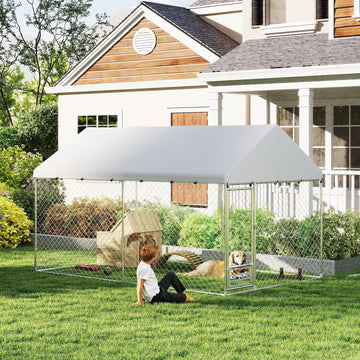 Outdoor Dog Run with Adjustable & Rotatable Bowls, Waterproof UV-Resistant Cover, Escape-Proof Lock, 13.1' x 7.5' x 7.5'