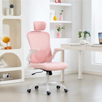 Ergonomic Office Chair, Mesh Desk Chair with Adjustable Headrest, Lumbar Support and Height, Flip-Up Armrests, Pink