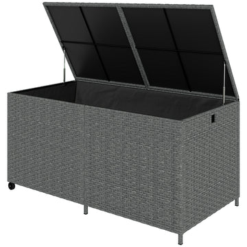 162 Gallon Rattan Deck Box with Wheels, Wicker Outdoor Storage Box with Waterproof Zippered Liner, Safe Pneumatic Rod