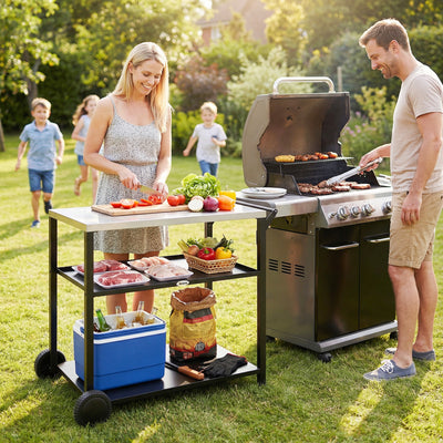 Chariot de BBQ extérieur avec dessus en acier inoxydable, support à four à pizza à trois niveaux, chariot de BBQ sur roues, noir