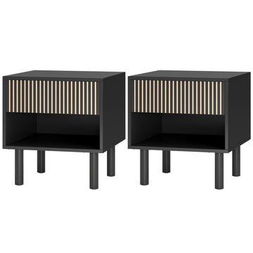 Modern Bedside Table with Drawer and Open Shelf, Sofa Side Table for Bedroom Living Room, Set of 2, Black