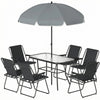 8 Piece Patio Table and Chairs Set with Folding Chairs, Tempered Glass Tabletop and Umbrella for Garden