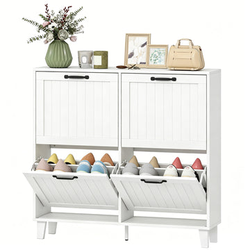 Meuble à chaussures avec 4 tiroirs basculants, meuble de rangement étroit autoportant avec tablettes ajustables, dos ouvert, blanc