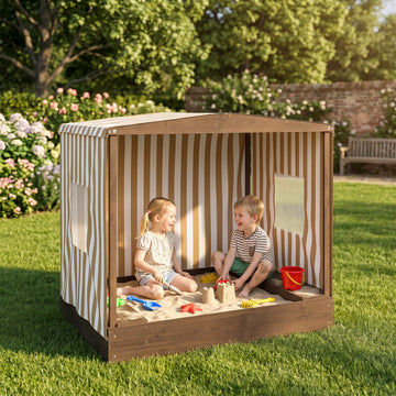 Qaba Kids Sandbox with Full Covered Canopy, Bench Seats, Bottom Liner, for Ages 3-6, 56