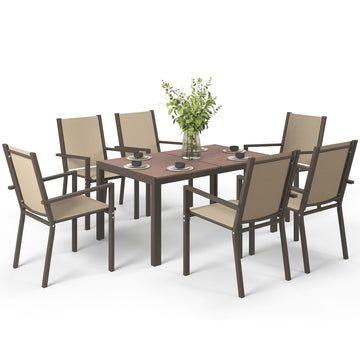 7 Piece Outdoor Dining Set with Rectangular Table and 6 Stackable Chairs, for Backyard, Lawn, Deck, Balcony, Pool Side