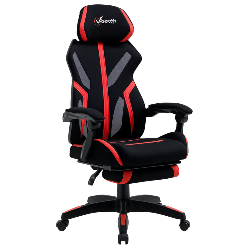 Chaise de gaming ergonomique style course avec repose-pieds, appuie-tête, siège pivotant inclinable à dossier haut et hauteur réglable, noir et rouge