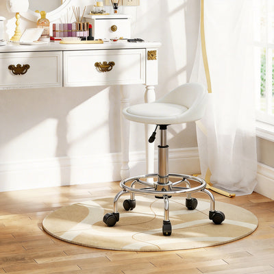 PU Leather Rolling Stool, Height Adjustable Swivel Salon Chair with Backrest and Foot Rest for Spa, Tattoo, White