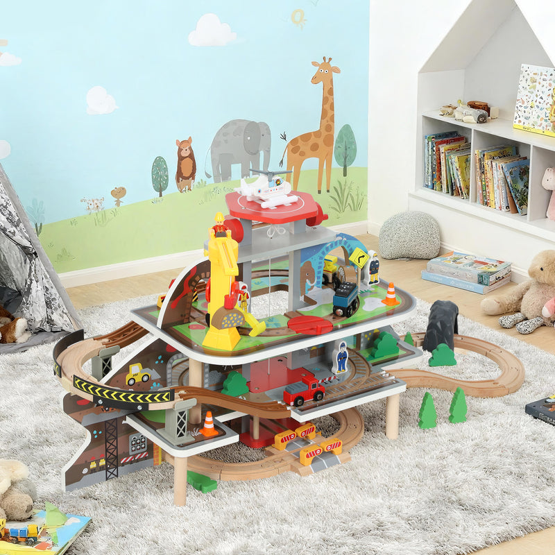 Qaba 79Pcs Wooden Train Set Mine Themed with Crane, Helicopter, Track & Accessories, for Boys & Girls 3+ Years Old