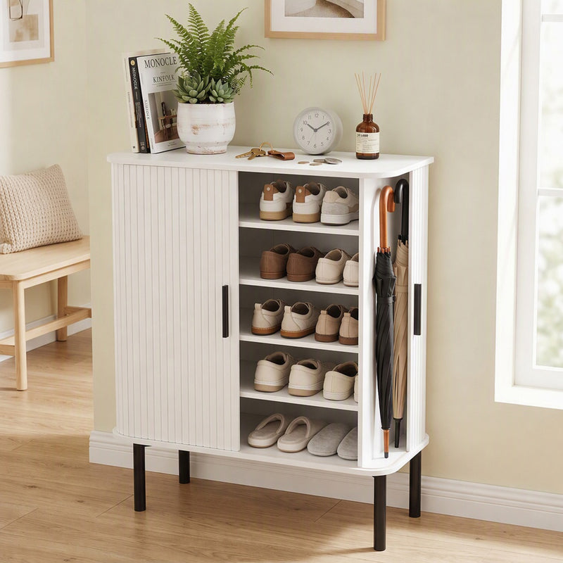 Shoe Cabinet Adjustable Shelves Shoe Storage Cabinet Side Cubbies Tambour Door, White