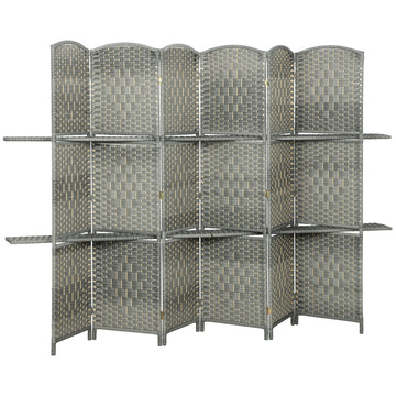 6 FT Privacy Screen, 6 Panel Room Divider with Shelves for Living Room Bedroom Home Office, Grey