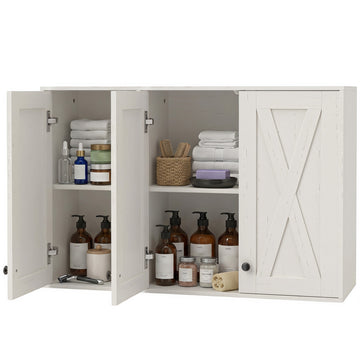 Modern Medicine Cabinet Wall Mounted, Bathroom Wall Cabinet with 3 Doors and Adjustable Shelves, White