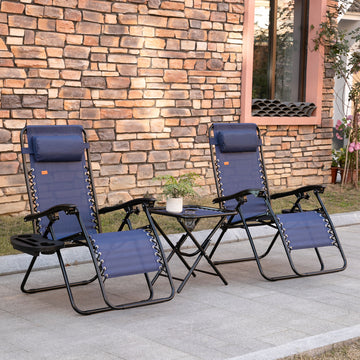 Zero Gravity Chair Set of 2 Patio Chair with Side Table Cupholders and Pillows for Pool, Backyard, Lawn, Beach, Blue