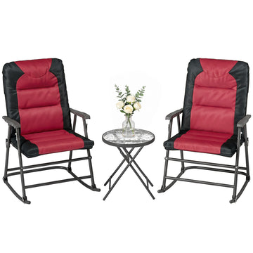 3pc Patio Foldable Rocking Chair Set, Outdoor Rocking Chairs and Table Bistro Set w/ Padded Seat, Headrest, Backrest for park, backyard, garden, Red