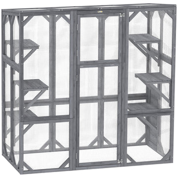 Outdoor Cat Enclosure with 6 Jumping Platforms, Weatherproof Roof, Large Front Door for 1-3 Cats, 59