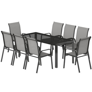 Outdoor Dining Sets for 8 with Stackable Chairs, Patio Dining Set with Glass Top Table for Garden, Patio, Backyard, Light Grey
