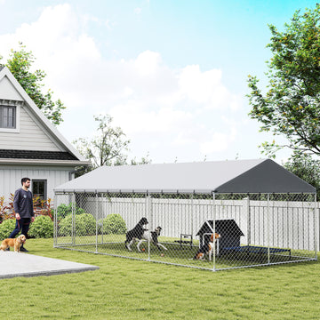 Galvanized Steel Outdoor Dog Kennel with Roof, Safety Lock, for Backyard, 13.1' x 7.5' x 7.8', Silver