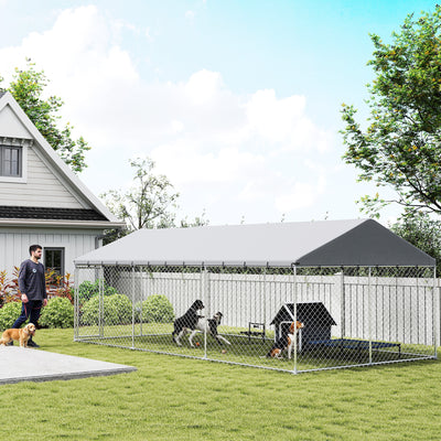 Galvanized Steel Outdoor Dog Kennel with Roof, Safety Lock, for Backyard, 13.1' x 7.5' x 7.8', Silver