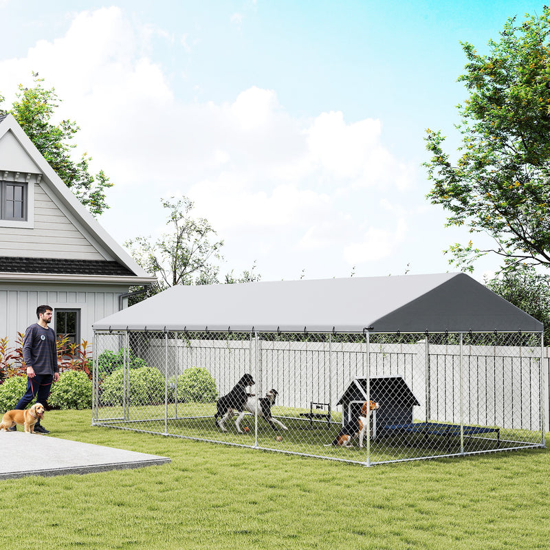 Galvanized Steel Outdoor Dog Kennel with Roof, Safety Lock, for Backyard, 13.1' x 7.5' x 7.8', Silver