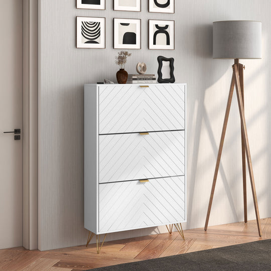 Modern Shoe Storage Cabinet with 3 Flip Drawers for 18 Pairs, Narrow Shoe Organizer for Entryway, Hallway, White