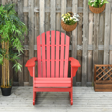 Wooden Adirondack Rocking Muskoka Chair with Slatted Wooden Design, Fanned Back and Classic Rustic Style, Red