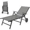 Outdoor Lounge Chair, 5-Level Adjustable Folding Chaise Chair with 2 Wheels for Backyard, Beach, Poolside, Grey