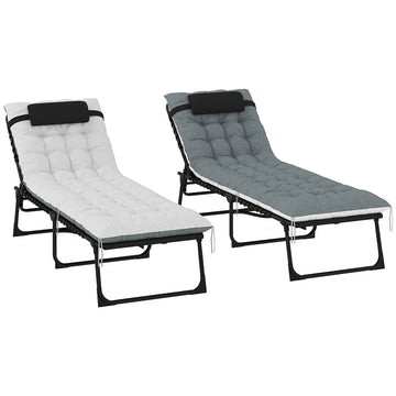 Outdoor Lounge Chair Set of 2, Folding Chaise Lounge Tanning Chair with Cushion, Side Pocket, Black/Grey