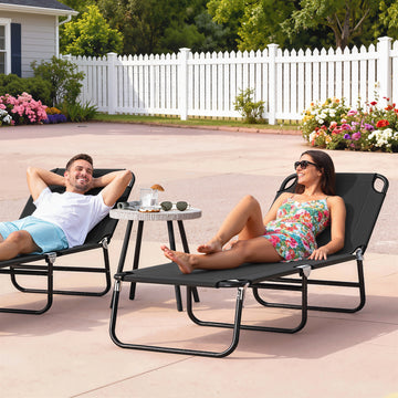 Outdoor Folding Lounge Chair, Steel Tanning Chair with Reclining Back, Breathable Mesh for Beach, Yard, Patio, Black