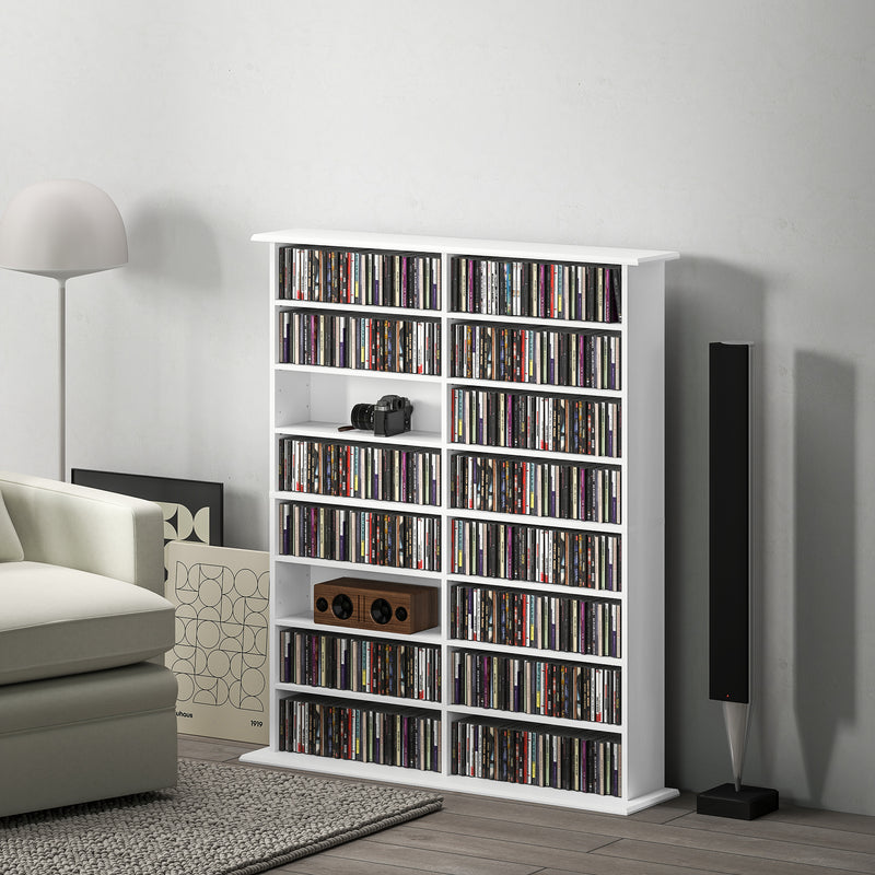 8-Tier DVD Shelf with 12 Adjustable Shelves, Double CD Shelf, Holds 720 CDs, 396 DVDs or 396 Blu-rays, White