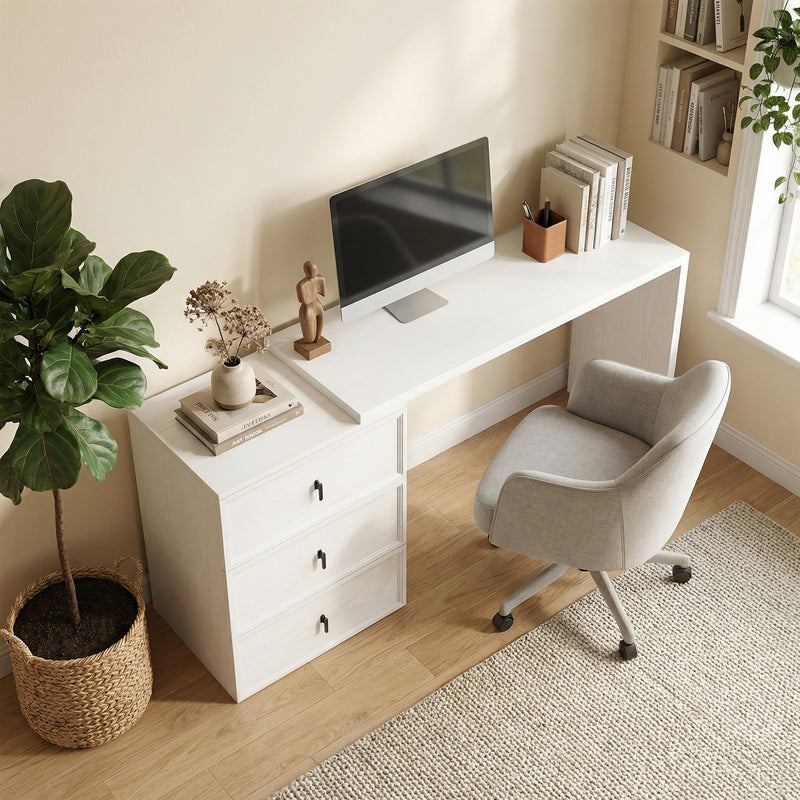 L Shaped Computer Desk Home Office Desk with 3 Drawers White Wood Grain