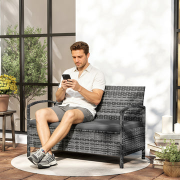 33 Gallon Outdoor Storage Bench, Wicker Deck Box Patio Bench Seat with Cushion, Grey