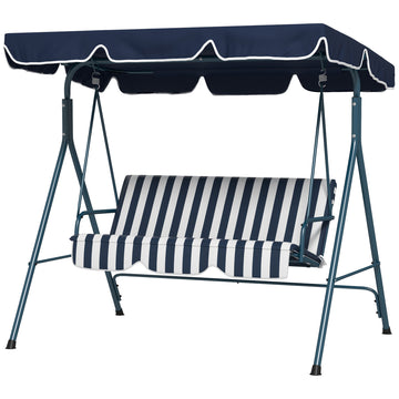 3-Seater Outdoor Porch Swing with Adjustable Canopy, Patio Swing Chair for Garden, Poolside, Backyard, Blue and White