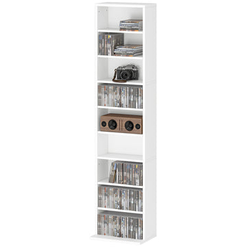 Media Storage Cabinet, 9-Tier Tall Narrow DVD Shelf with 6 Adjustable Shelves, White