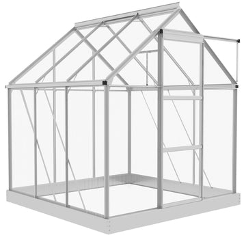 6' x 6' Walk-In Greenhouse, Polycarbonate Greenhouse with Sliding Door, Window, Aluminium Frame, Foundation