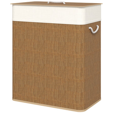 Double Laundry Basket with Lid, 100L Bamboo Laundry Hamper with Rope Handles and Removable Bags, Brown