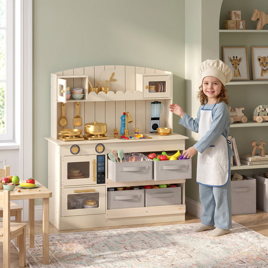 Wooden Play Kitchen Set for Kids with Real Lights & Sounds, 12PCs Accessories, Gift for Boys & Girls, Ages 3-6, Cream