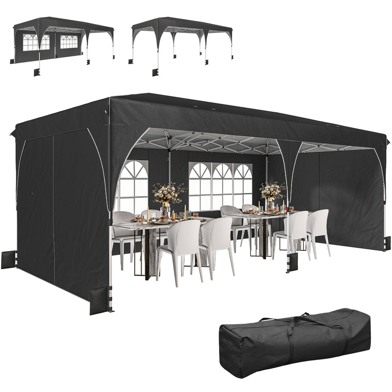 10 x 20 ft Pop Up Canopy Tent with Reflective Strips, UPF 50+ Easy up Instant Canopy with 6 Sandbags, Black